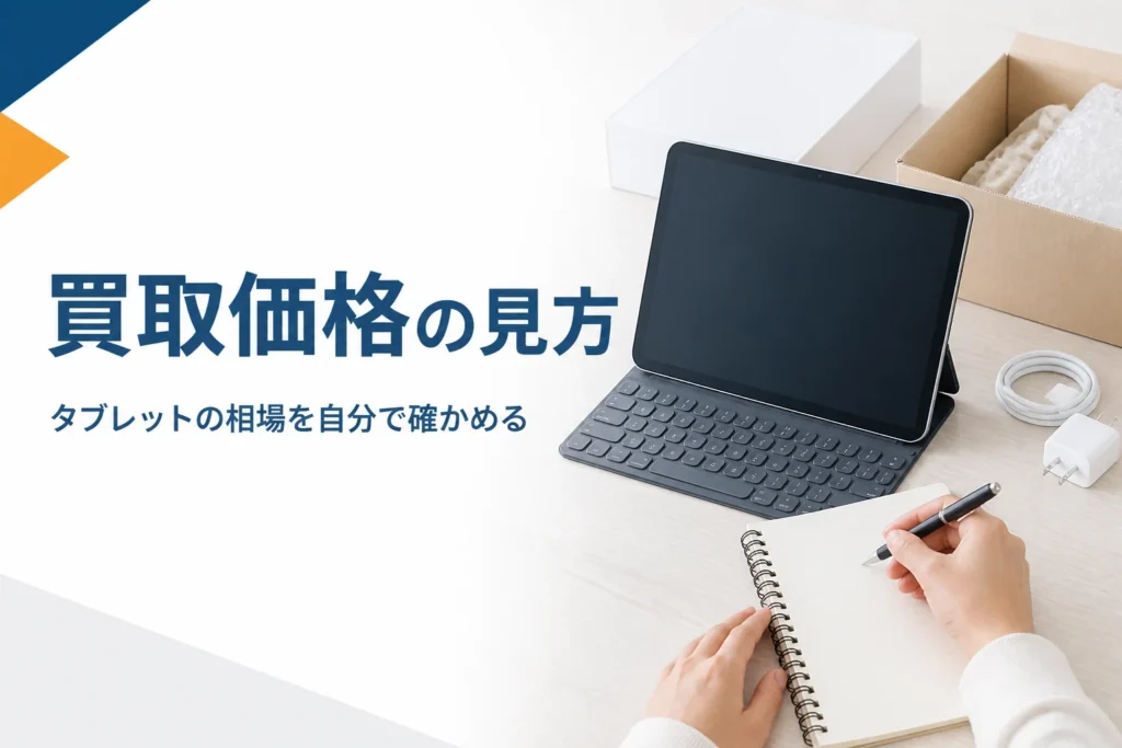 タブレットと付属品の横で買取条件をメモする手元