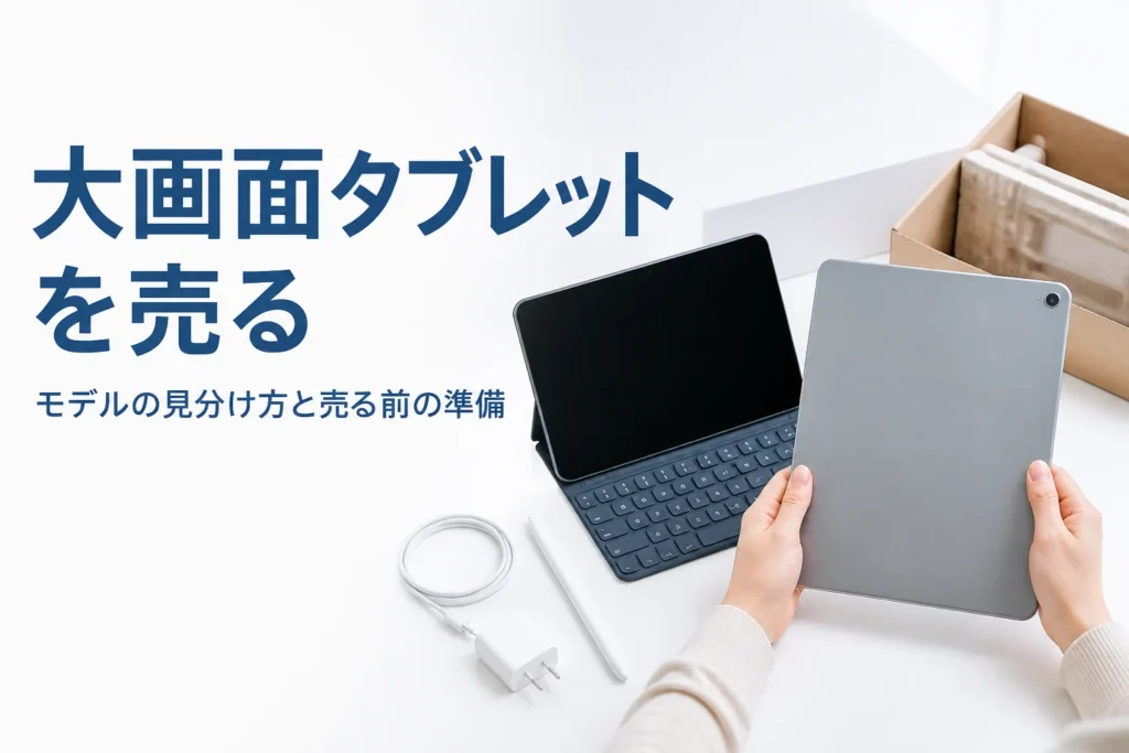 大きめのタブレットとキーボード、タッチペンを確かめる手元