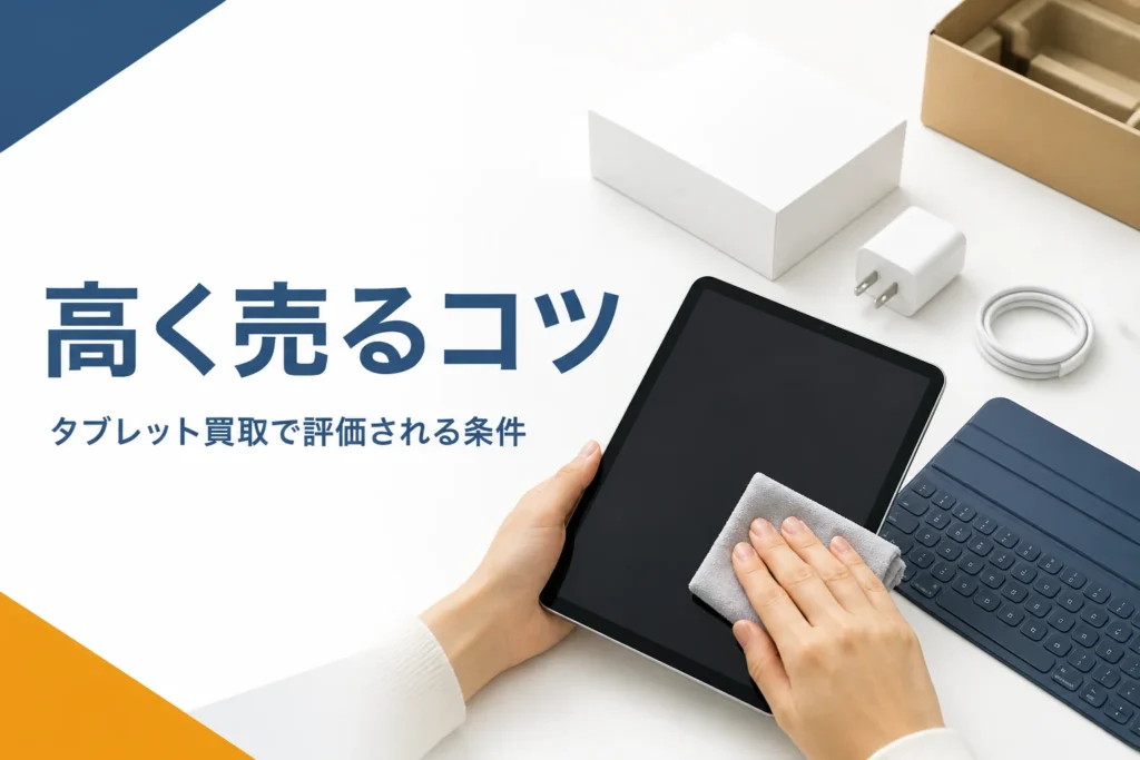 タブレットを拭いて付属品をそろえる手元