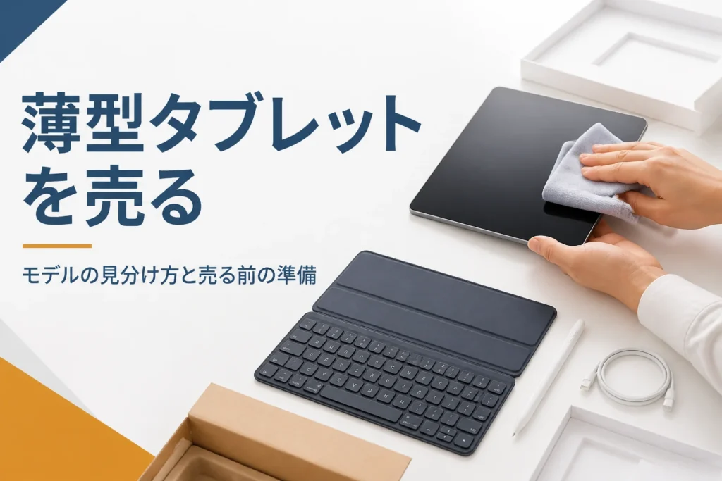 薄型タブレットを布で拭いて売る準備をする手元