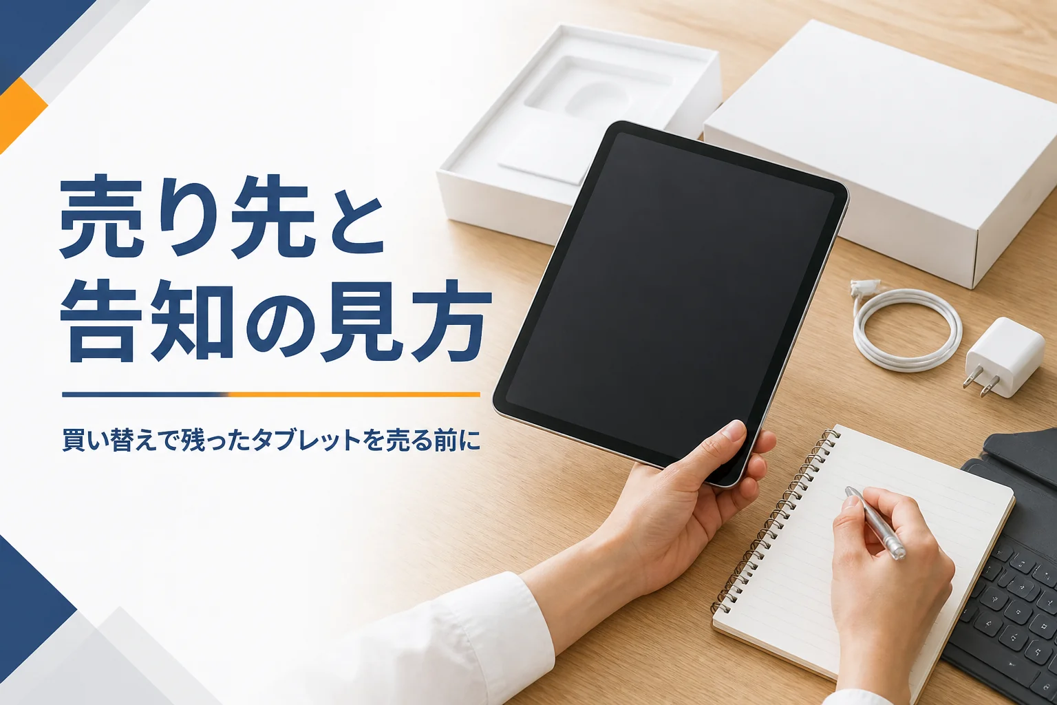 メモを見比べながらタブレットと元箱を確かめる手元