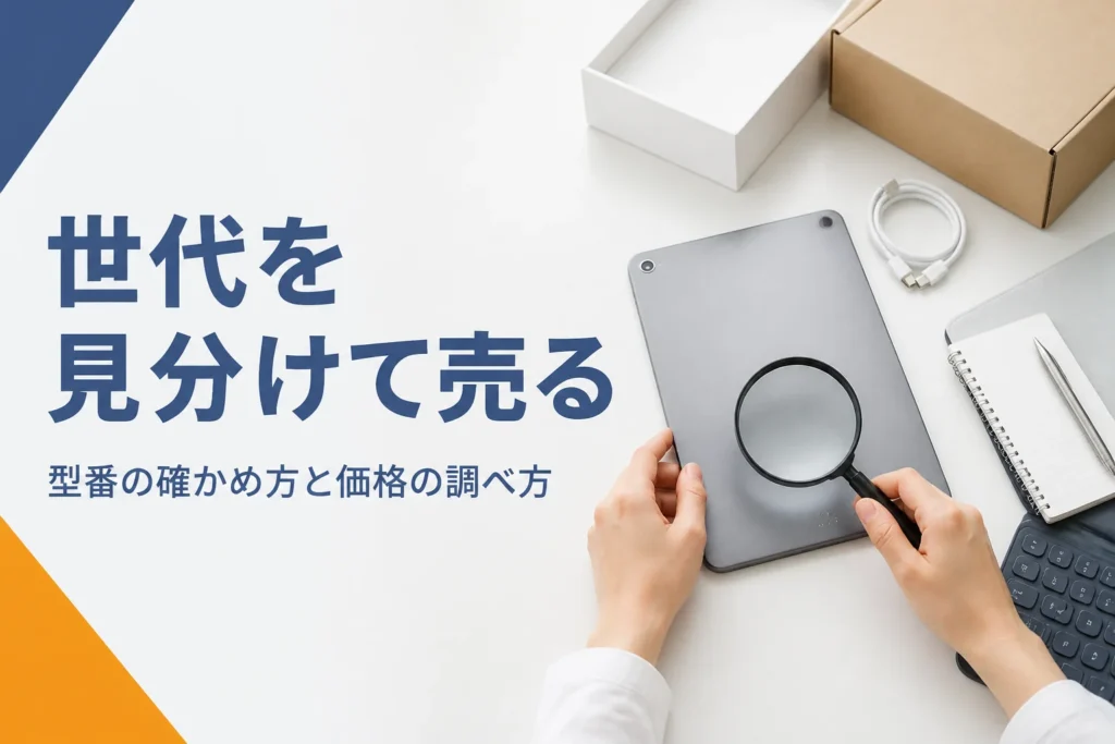 タブレット背面の刻印を虫眼鏡で確かめる手元