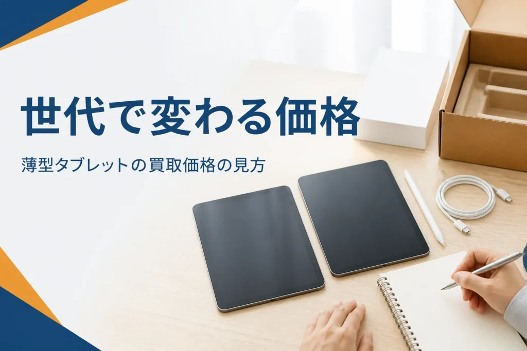 薄型タブレット2台を見比べてメモする手元