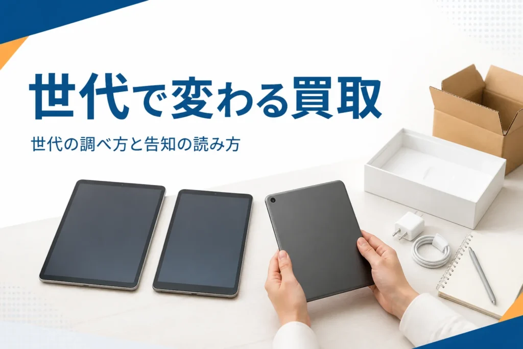 並べたタブレットのうち1台の裏側を確かめる手元