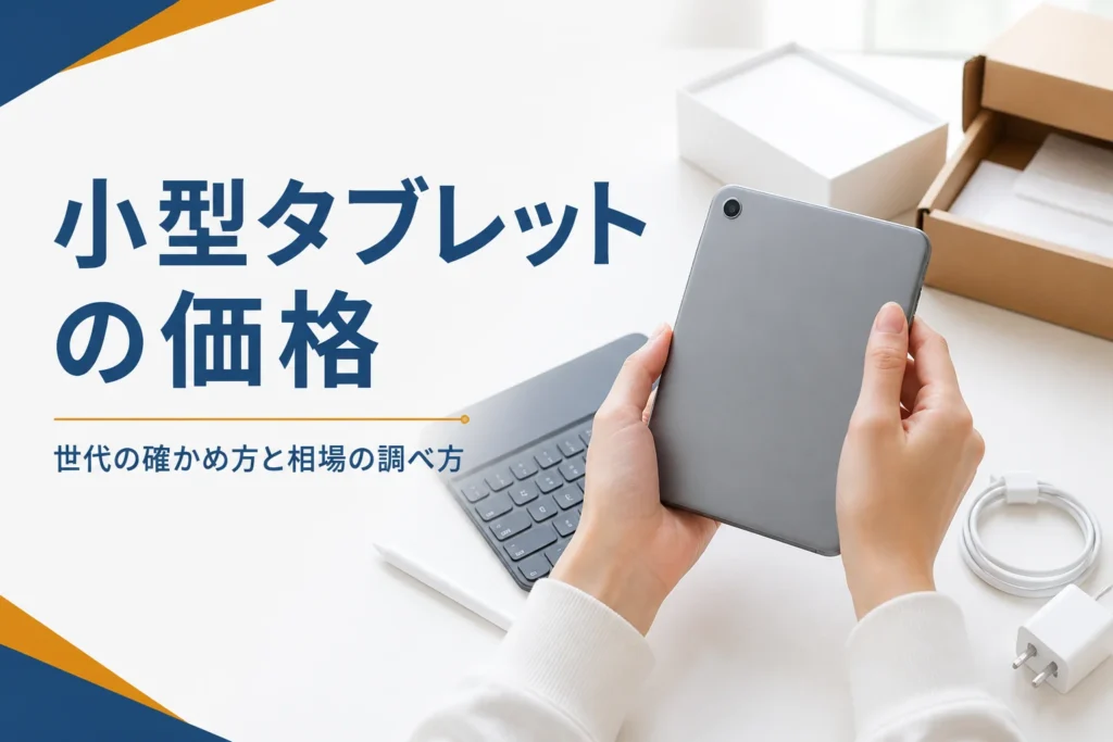 小型タブレットの裏面を確かめる手元と元箱