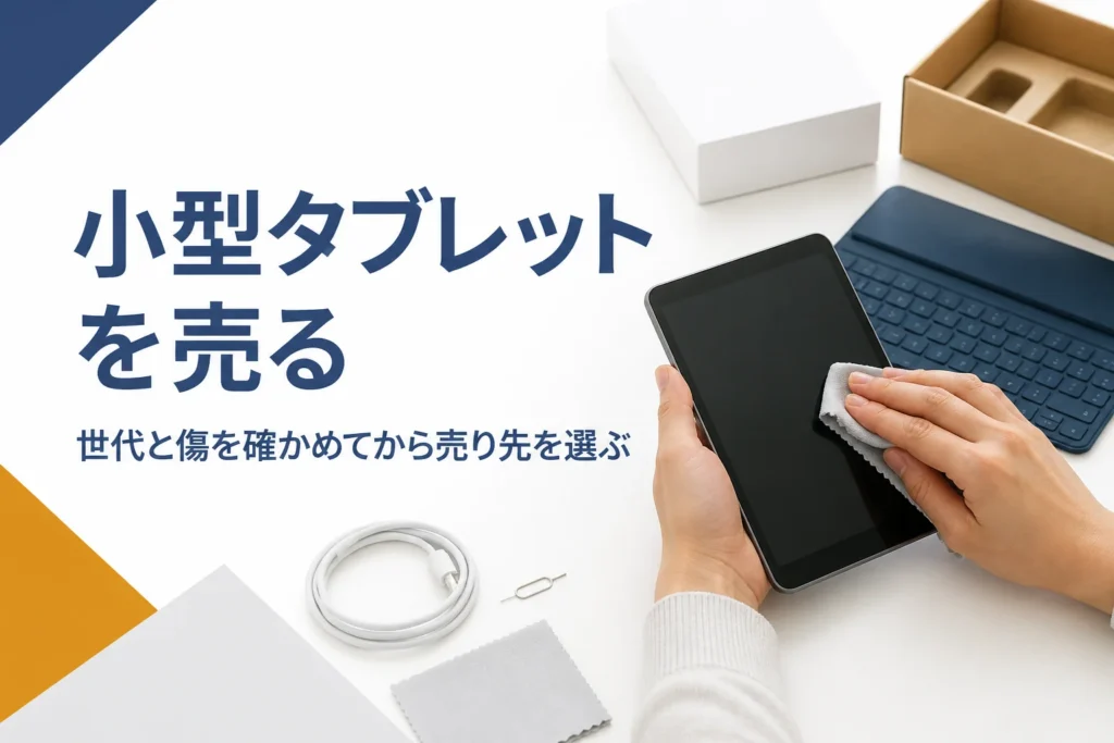 売る前に小型タブレットの角を拭いて状態を確かめる様子
