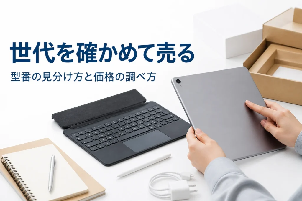 キーボードカバーとタッチペンの横でタブレットの裏側を確かめる手元