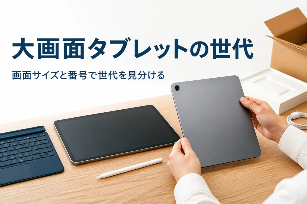 大きさの違うタブレット2台とタッチペンを並べて背面を確かめる手元