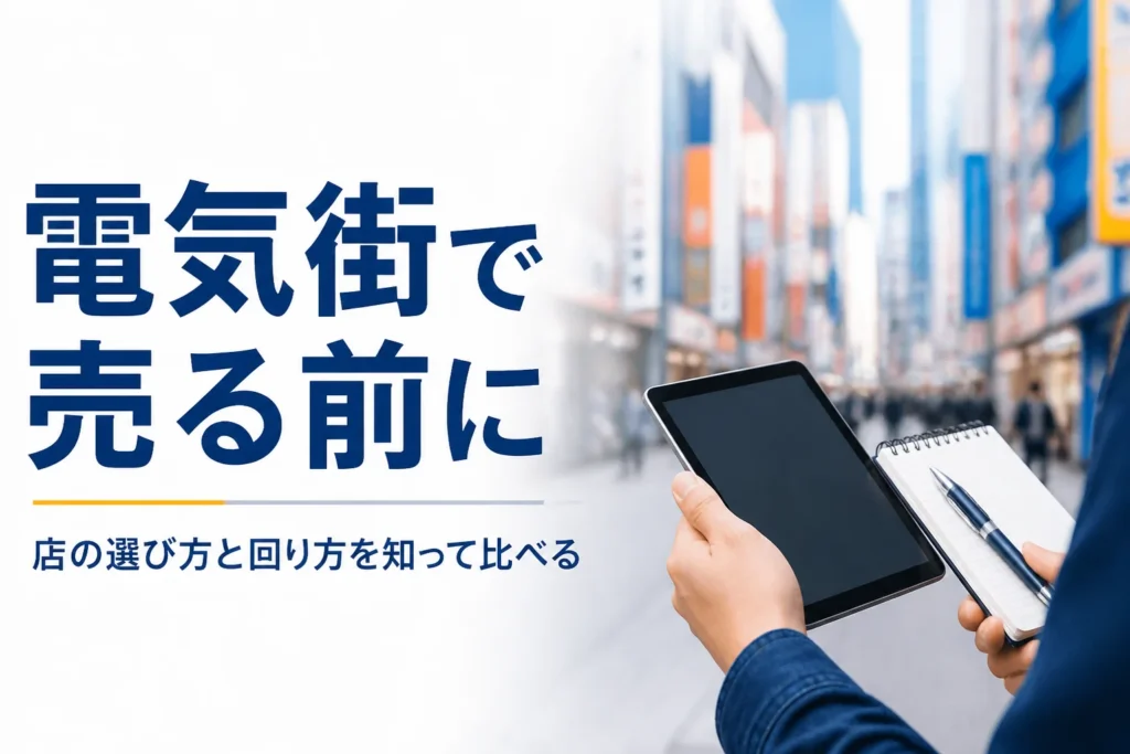 電気街の通りでタブレットを持って買取店を回る手元