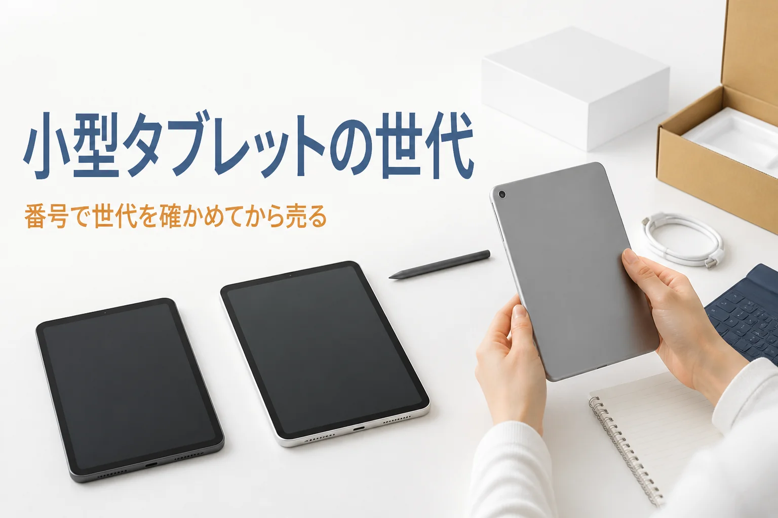 小型タブレット3台を並べて背面を確かめる手元