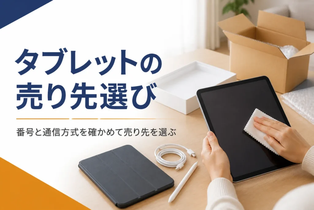 ケースを外したタブレットを布で拭き、段ボール箱の横で売る準備をする手元