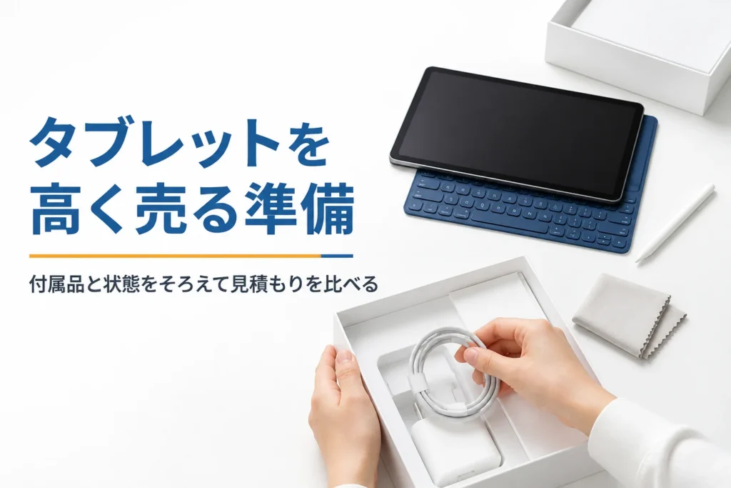 きれいなタブレットと元箱、充電ケーブルをそろえて売る準備をする手元