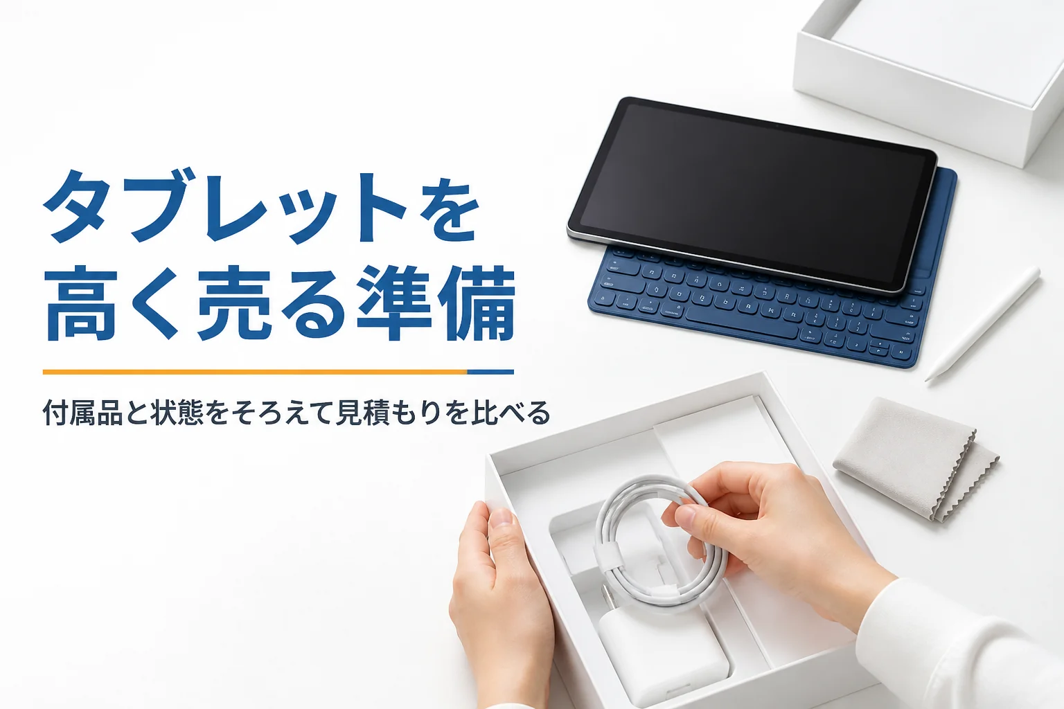 きれいなタブレットと元箱、充電ケーブルをそろえて売る準備をする手元