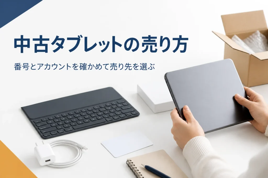タブレットの背面を確かめながら売る準備をする手元