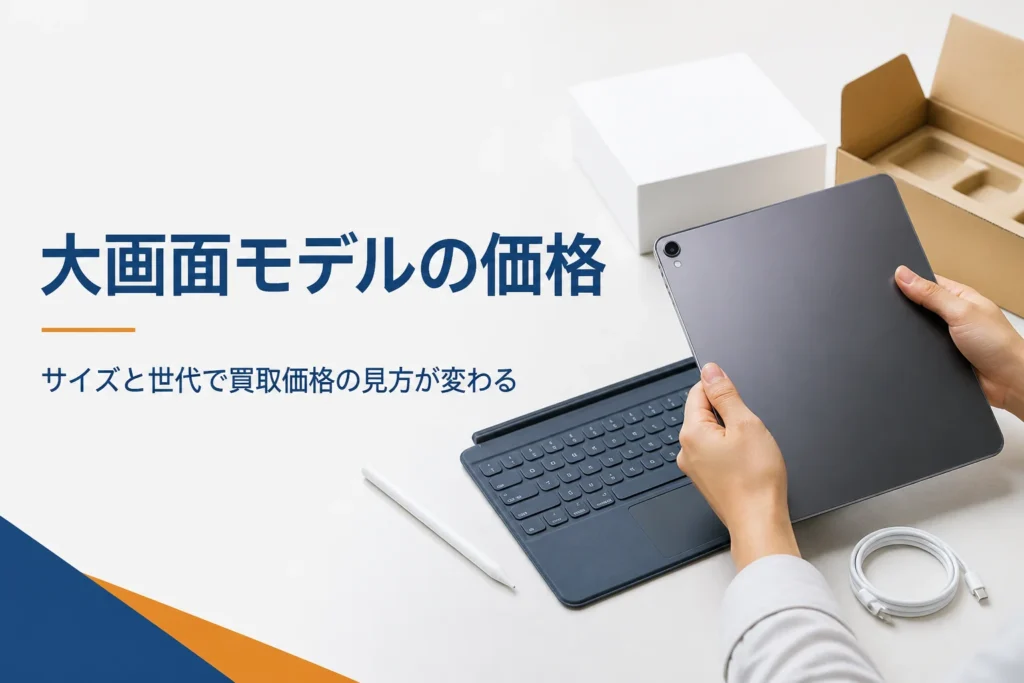 大きめのタブレットとキーボードカバー・タッチペンを確かめる手元