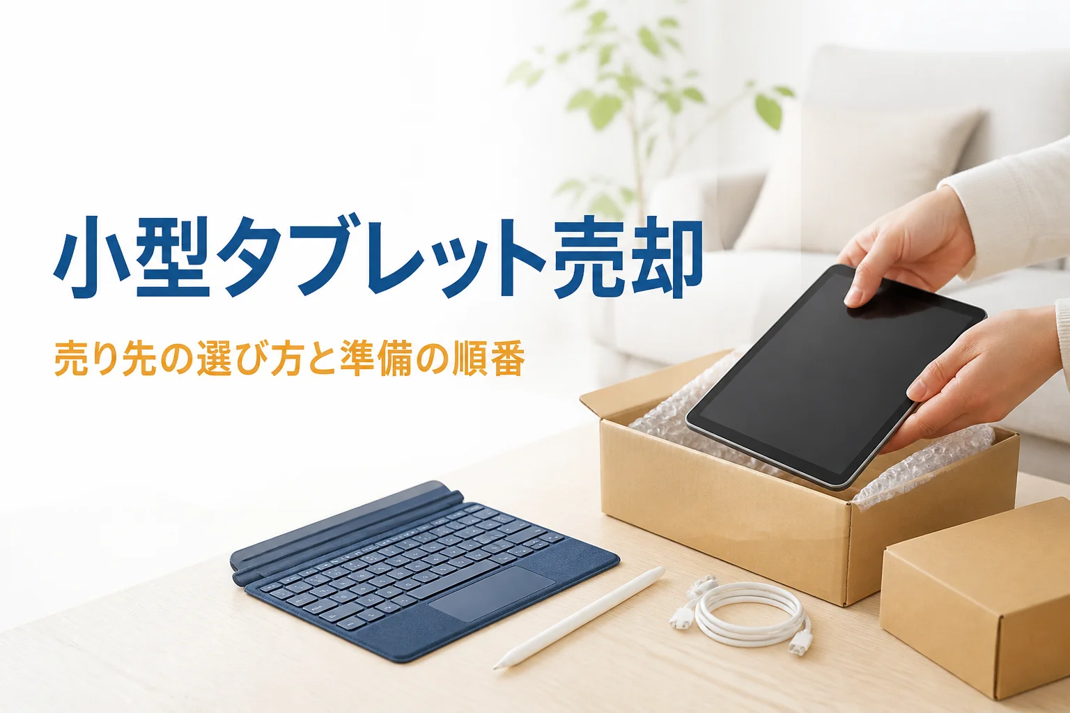 売却の準備をする小型タブレットと梱包箱