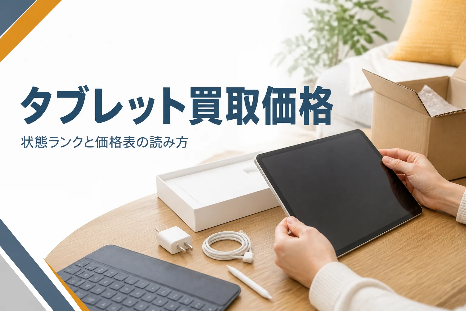 状態を確かめる前のタブレットと充電ケーブル・元箱