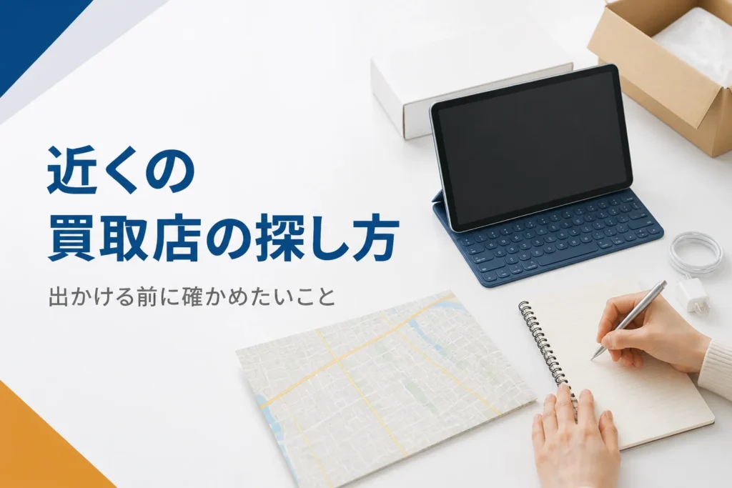 タブレットと地図・メモで近くの買取店を探す様子