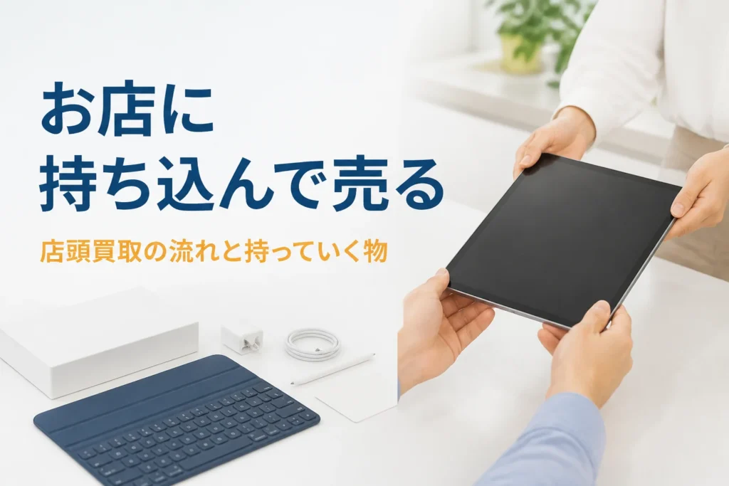 買取カウンターにタブレットと付属品を差し出す手元