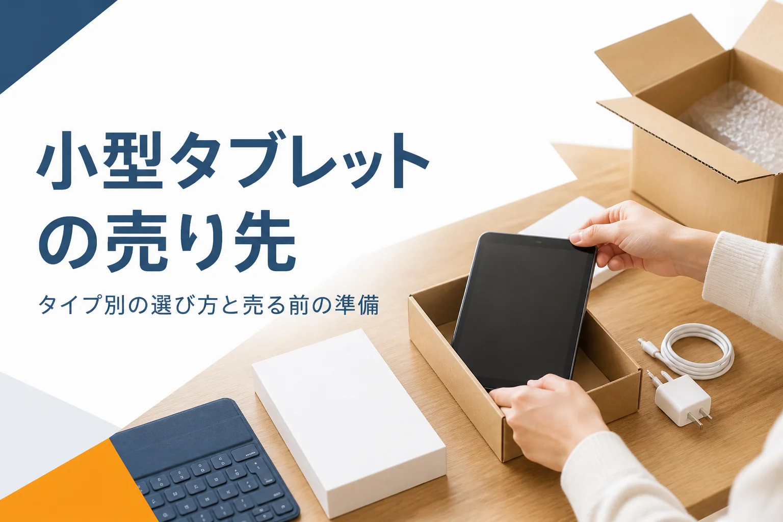 小型タブレットと梱包箱・元箱が並ぶ様子
