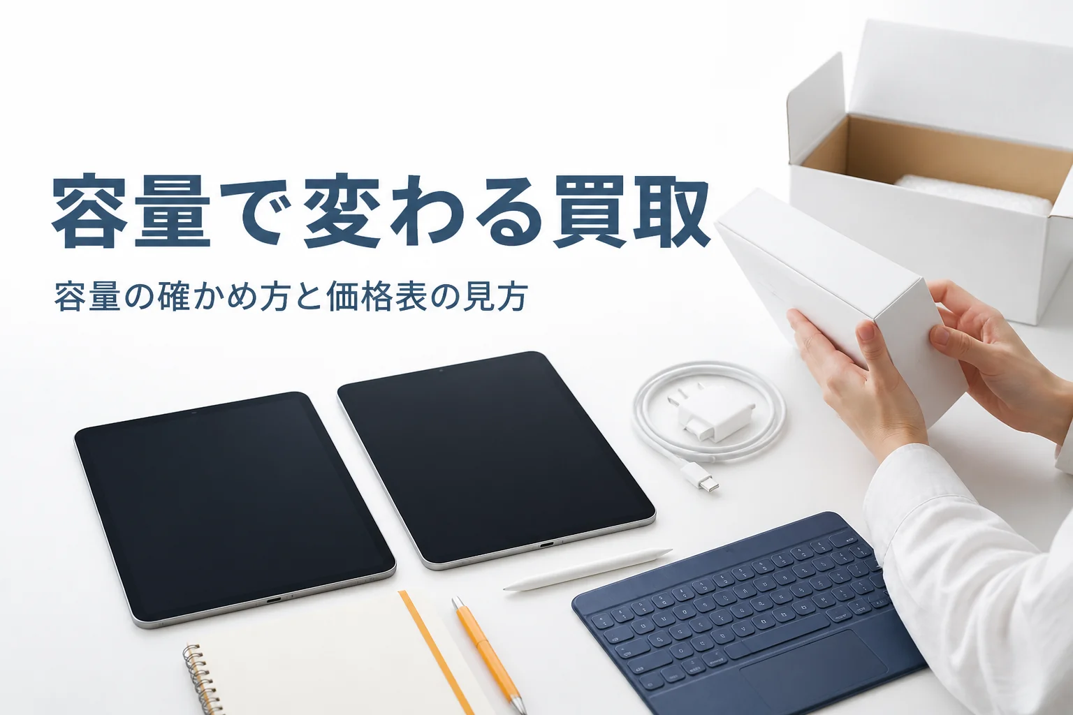 容量を確かめるためにタブレットの元箱を見る手元