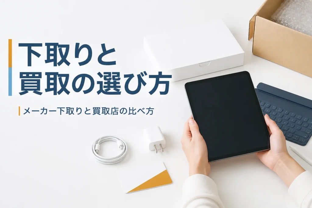 古いタブレットと新しい端末の箱、ギフトカードが並ぶ様子