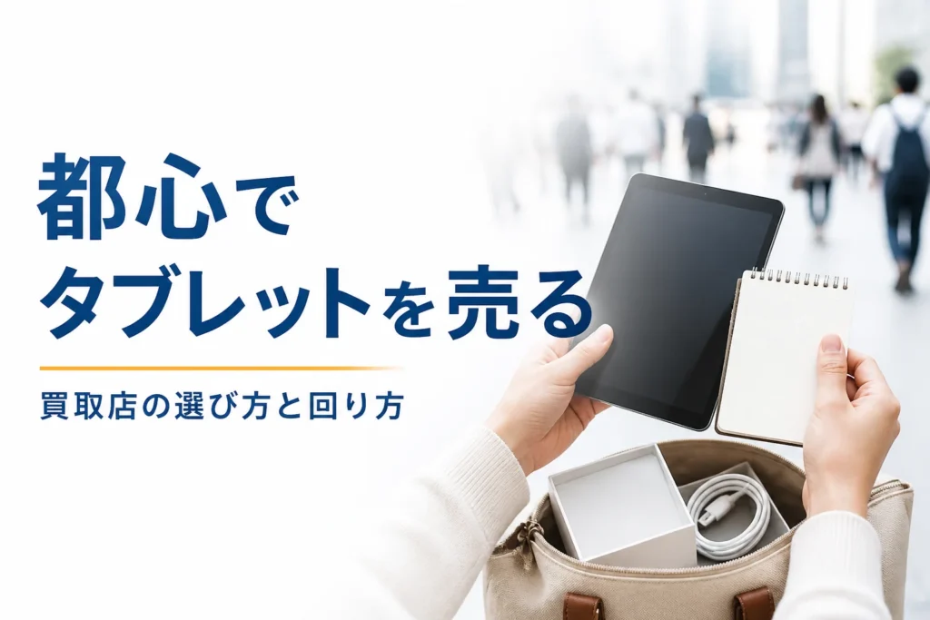 都心の駅前でタブレットとメモを手に買取店へ向かう様子