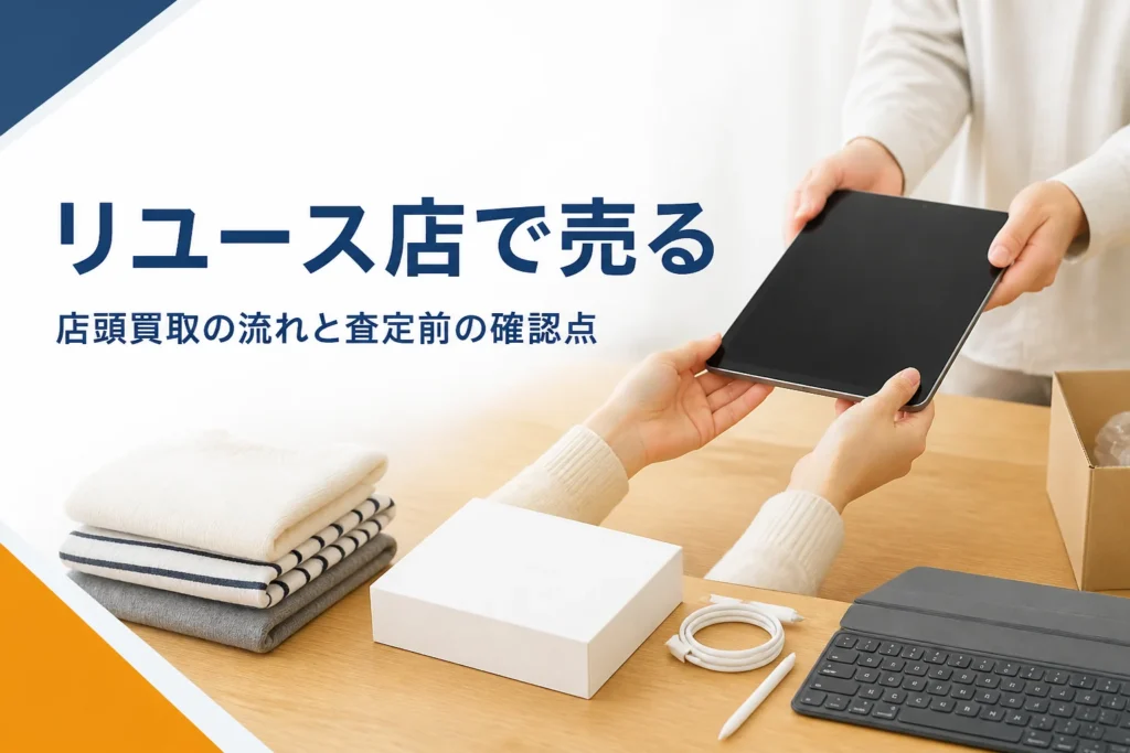 リユース店の買取カウンターにタブレットを差し出す手元