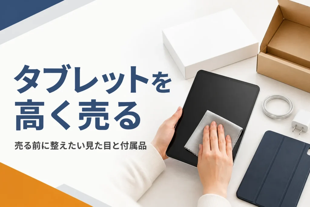 布でタブレットを拭き、元箱と付属品をそろえる様子