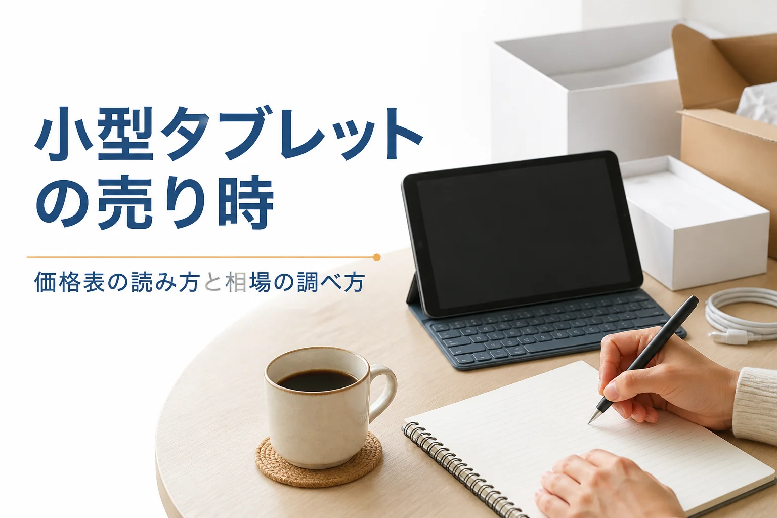 小型タブレットの横でメモを取る手元