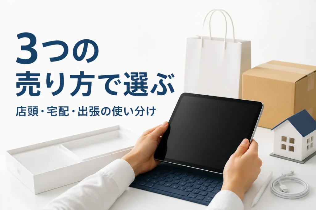 タブレットと梱包箱、ショッピングバッグ