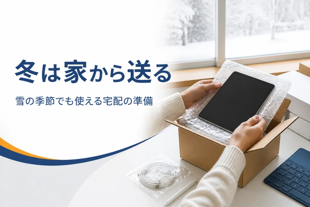 雪の見える窓辺でタブレットを梱包する手元