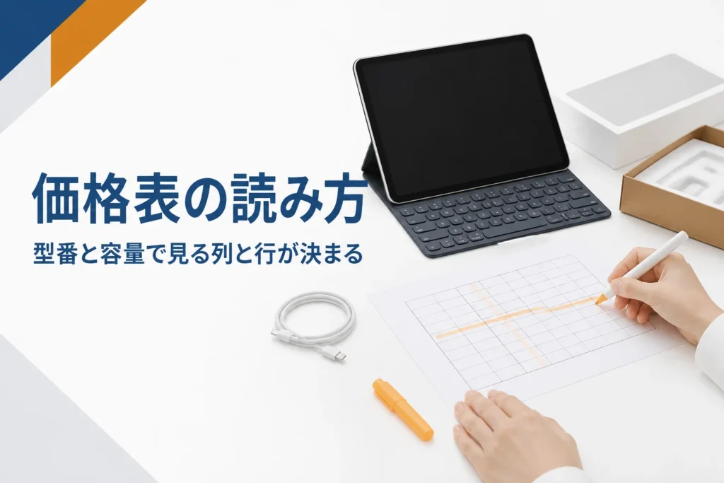 タブレットの横で表に線を引く手元