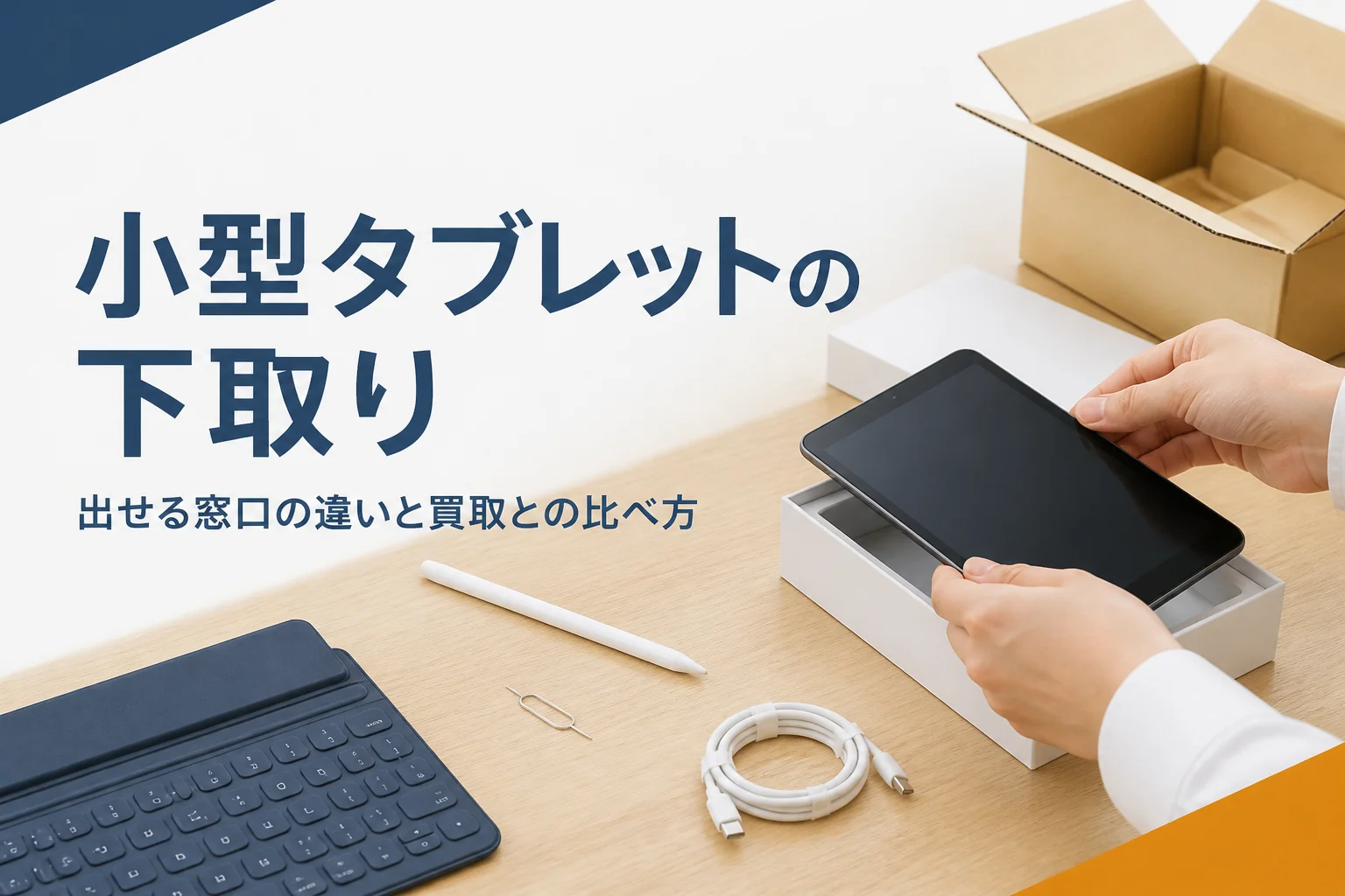 小型タブレットとタッチペンを下取りに出す準備をしている手元