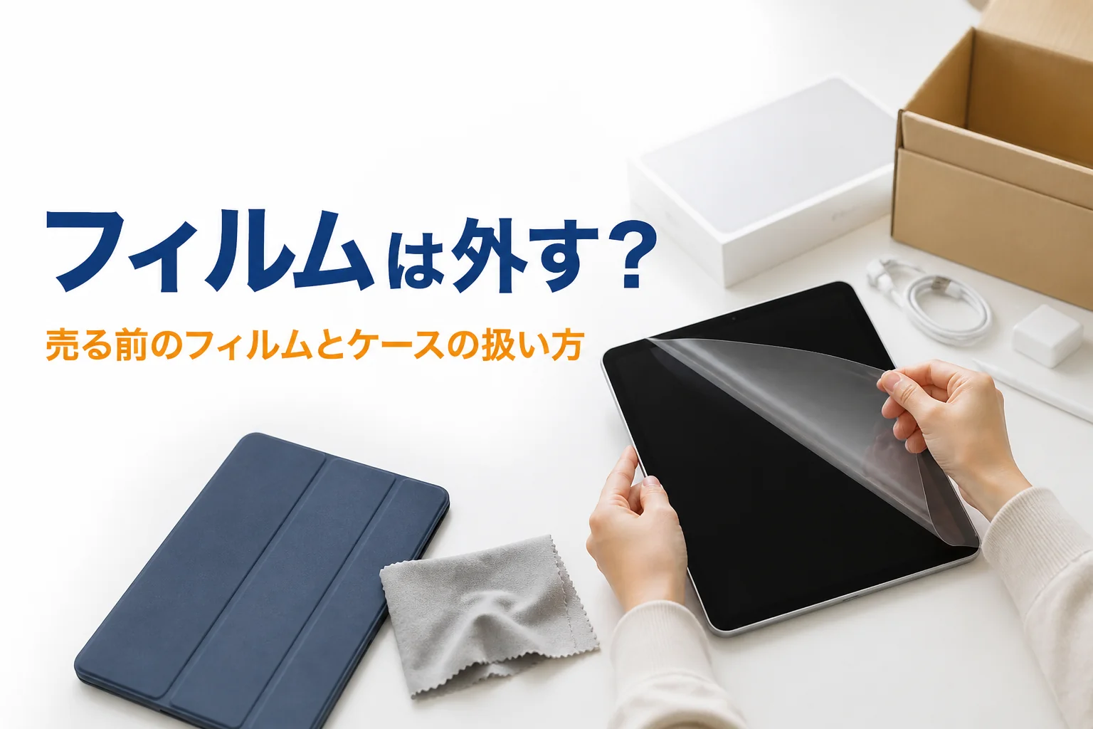 タブレットから保護フィルムを剥がしている手元