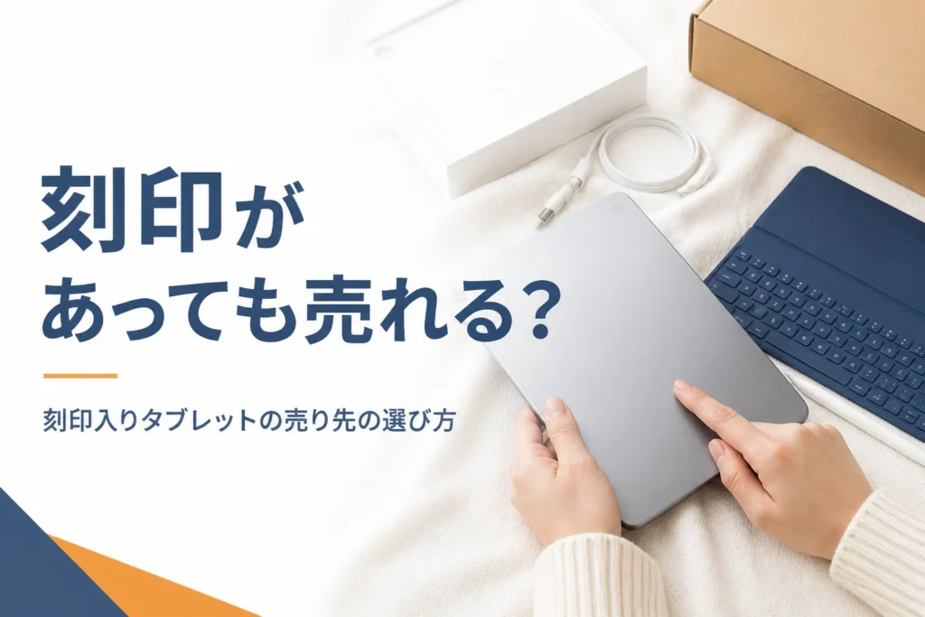刻印のあるタブレットの背面を確かめる手元