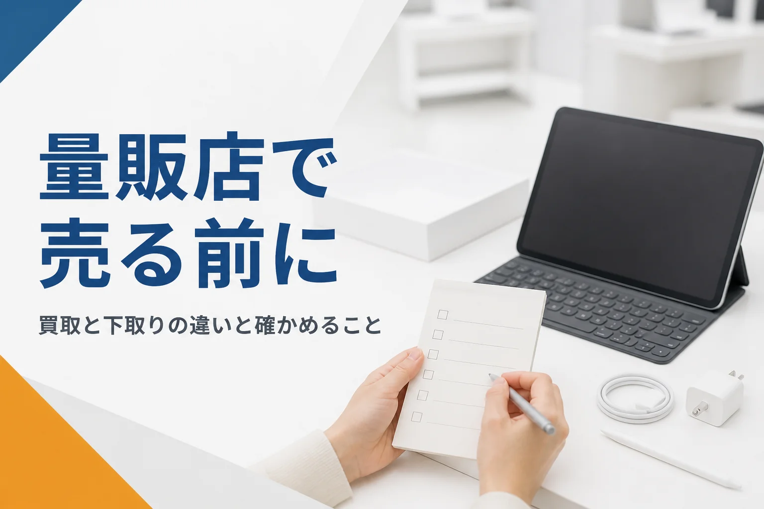 家電売り場のカウンターに置かれたタブレットとチェックリスト