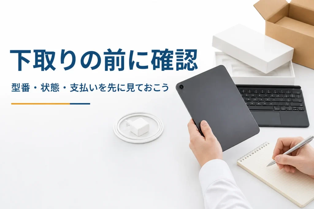タブレットの背面を見ながら確認事項をメモする手元