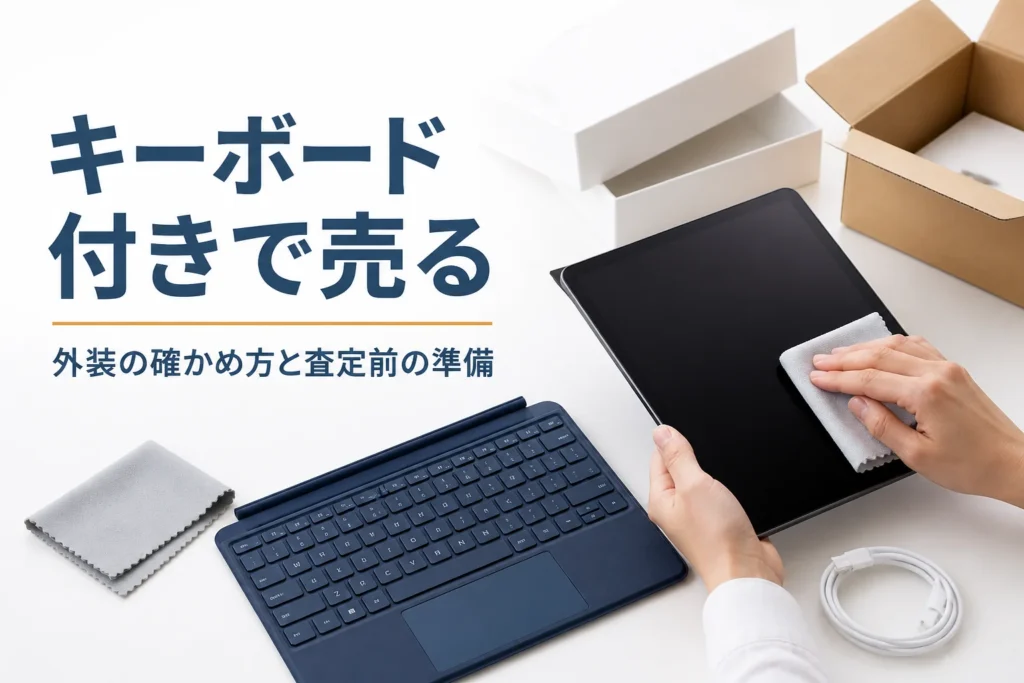 キーボードケースから外したタブレットを布で拭く手元
