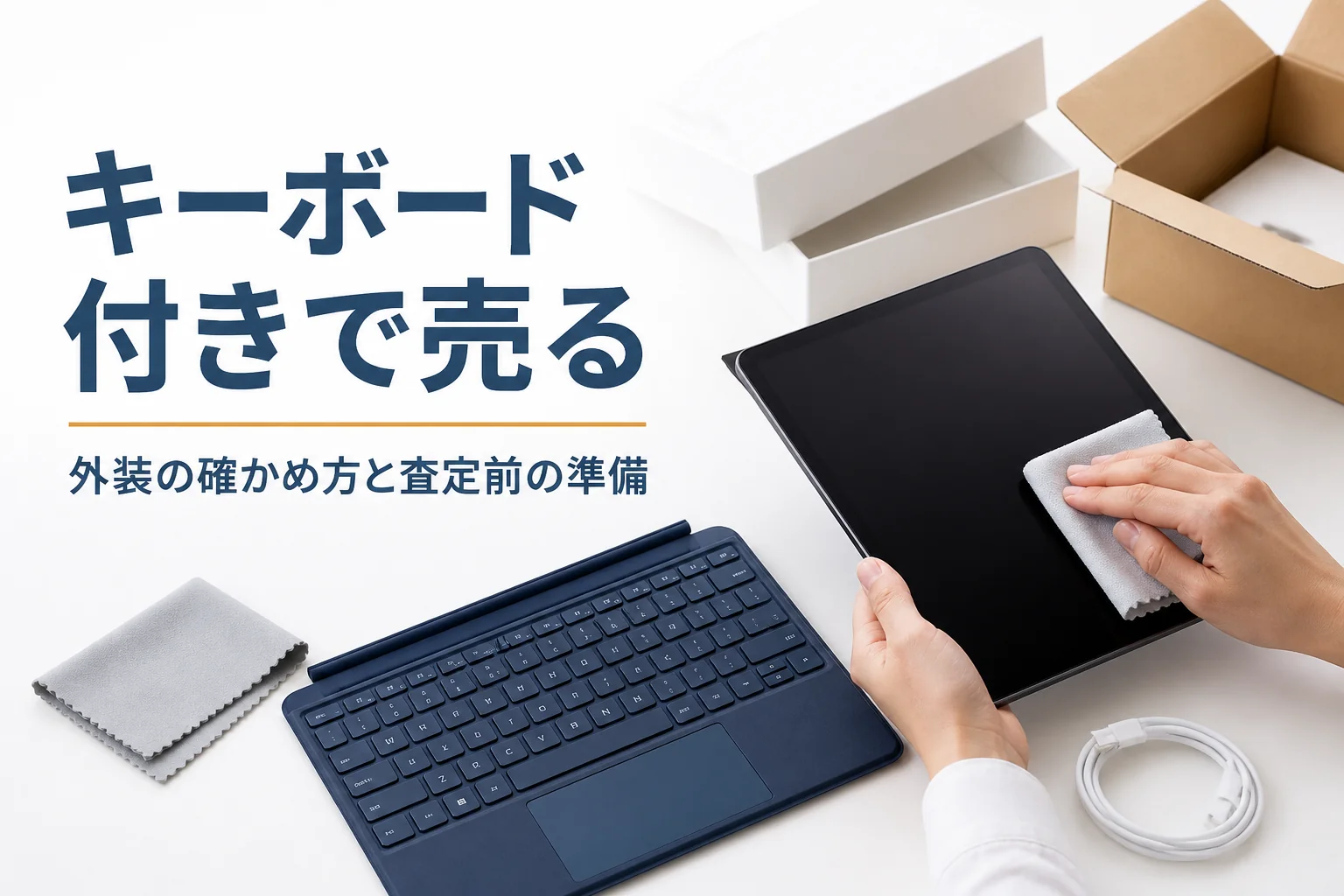 キーボードケースから外したタブレットを布で拭く手元