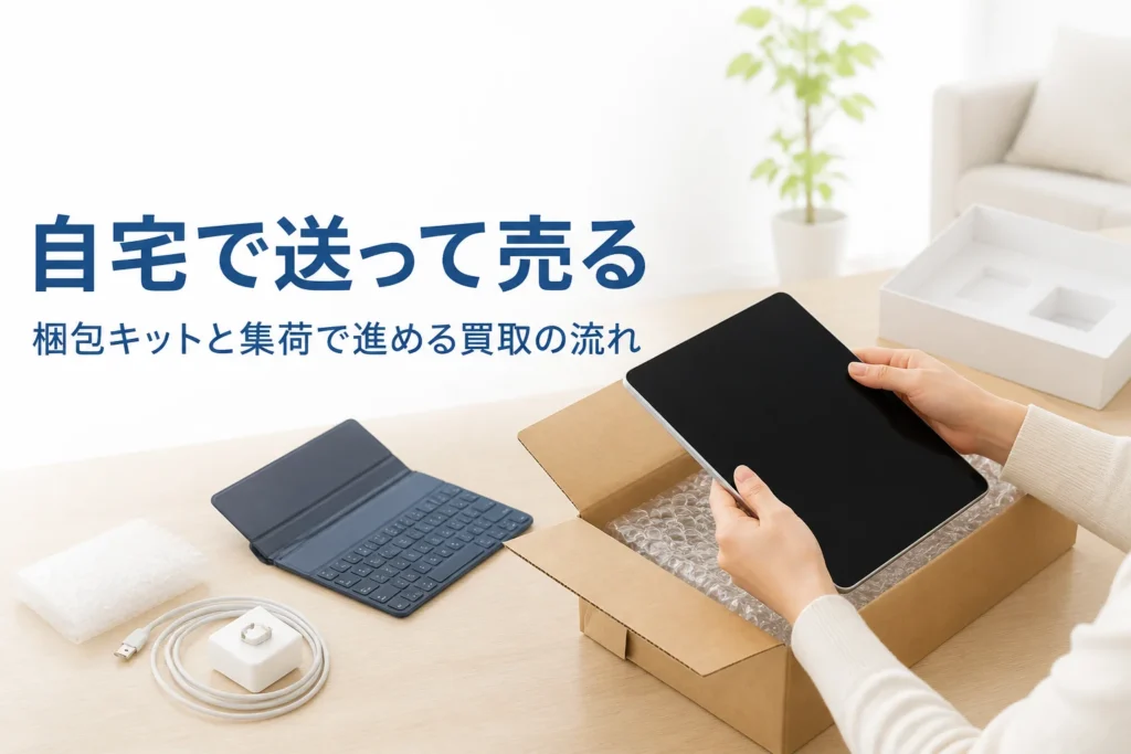 タブレットを梱包箱に入れて宅配買取の準備をする手元