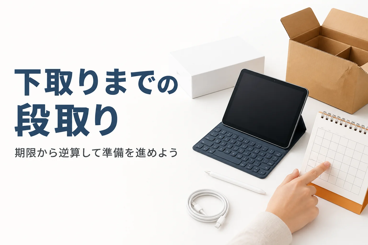 タブレットとキーボードカバーの横で下取りの予定を確かめる手元