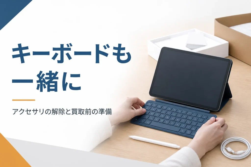 タブレットからキーボードカバーとタッチペンを外す手元