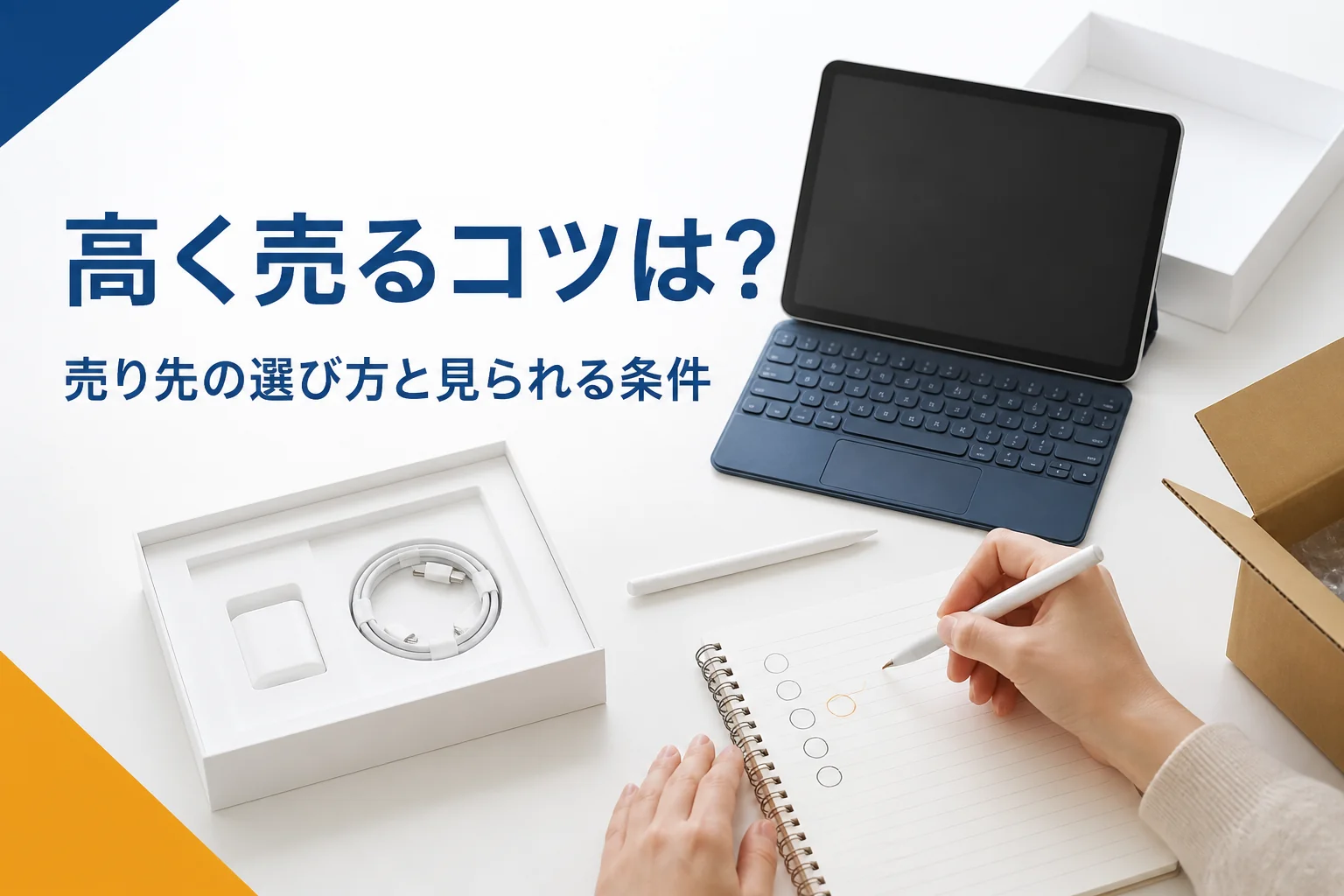 タブレットと付属品を並べて売り先を比べる手元