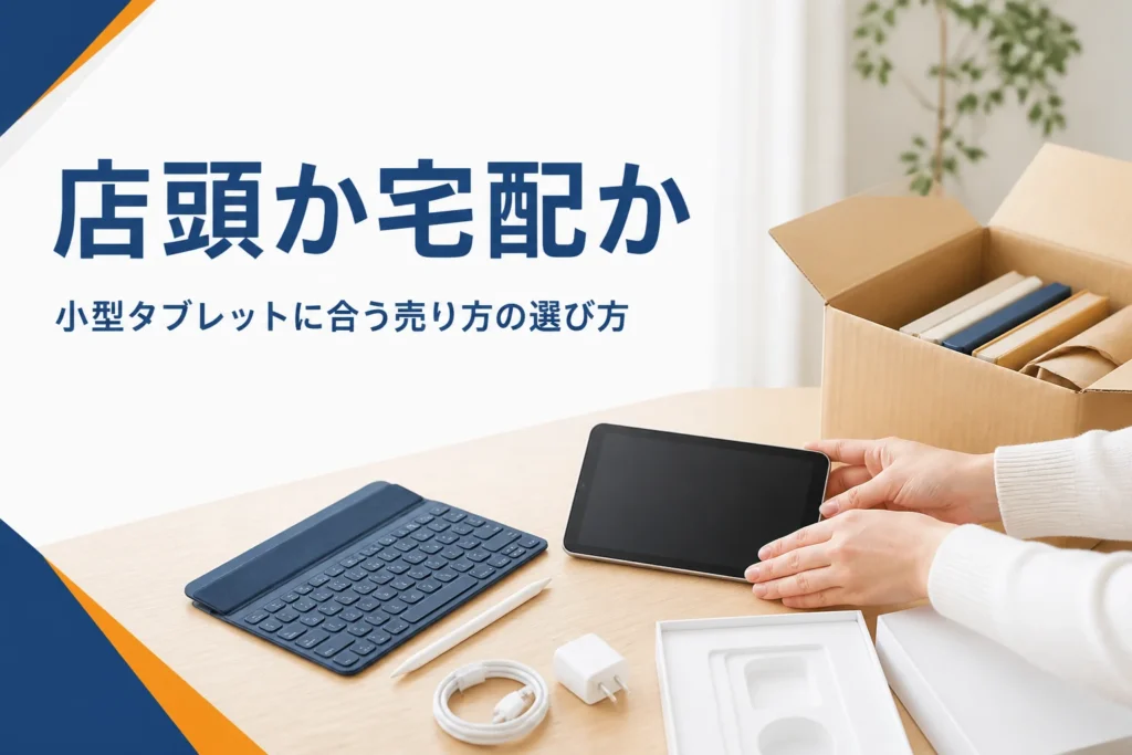 本を詰めた段ボール箱の横に置かれた小型タブレット