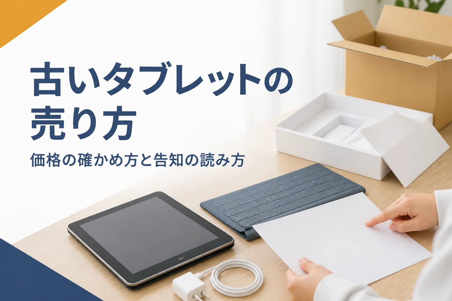 古いタブレットと無地の告知チラシ