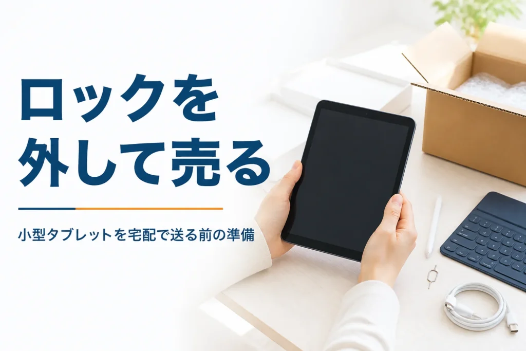 小型タブレットと梱包箱、SIMピンが並んだ宅配買取の準備