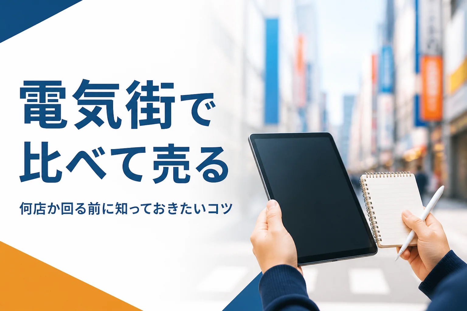 電気街でタブレットとメモを手に買取店を比べる手元