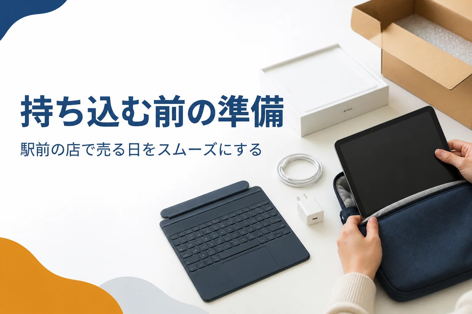 買取店へ持ち込む前にタブレットと付属品をまとめる手元