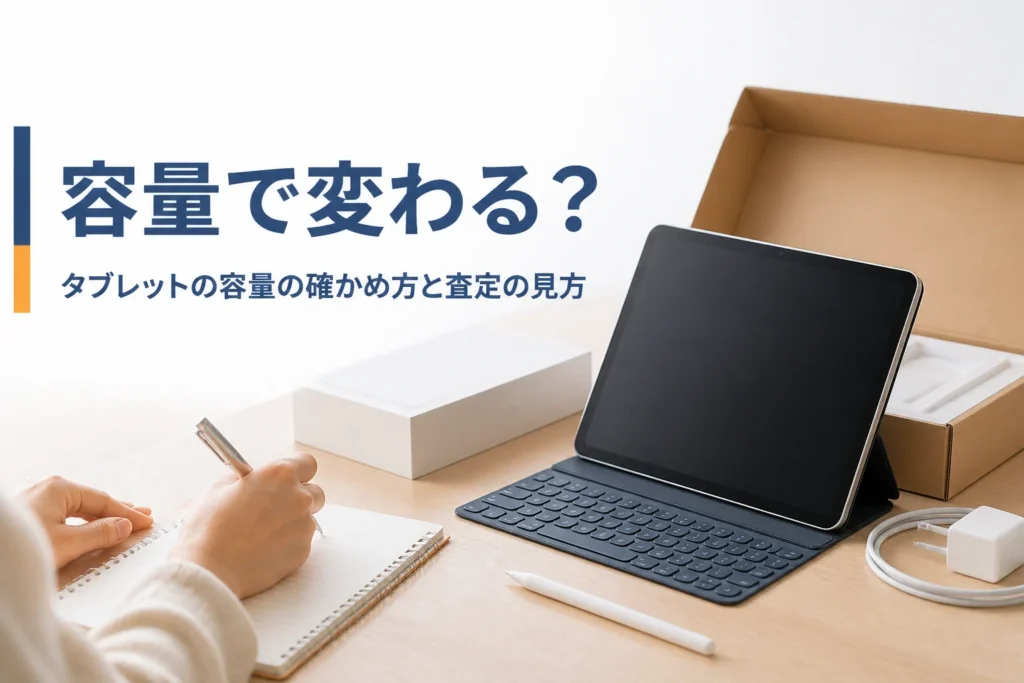 机の上のタブレットと元箱、メモを取る手元